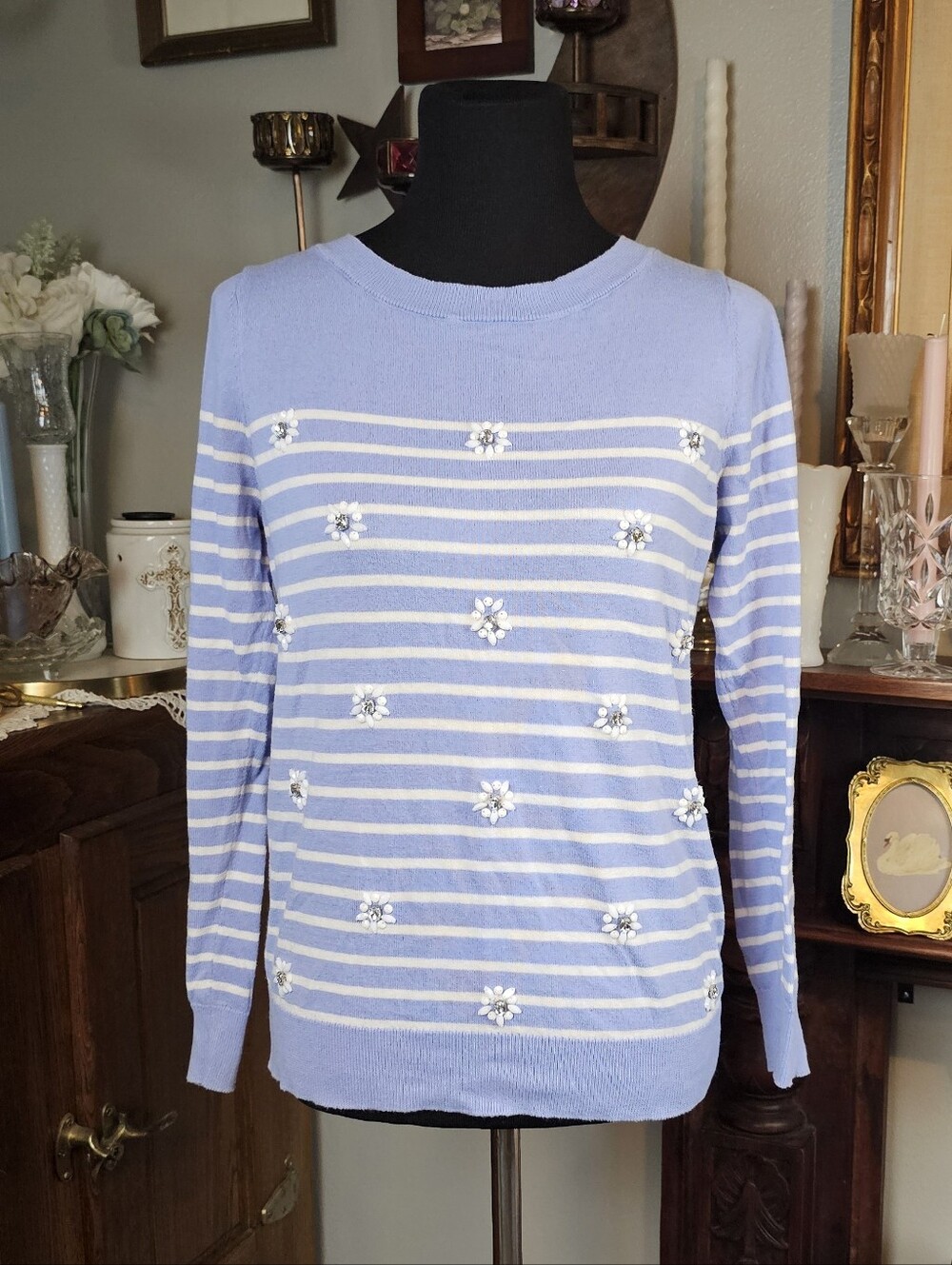 LOFT Jeweled Stripe Sweater Medium Light Blue 100% Cotton Coastal Preppy